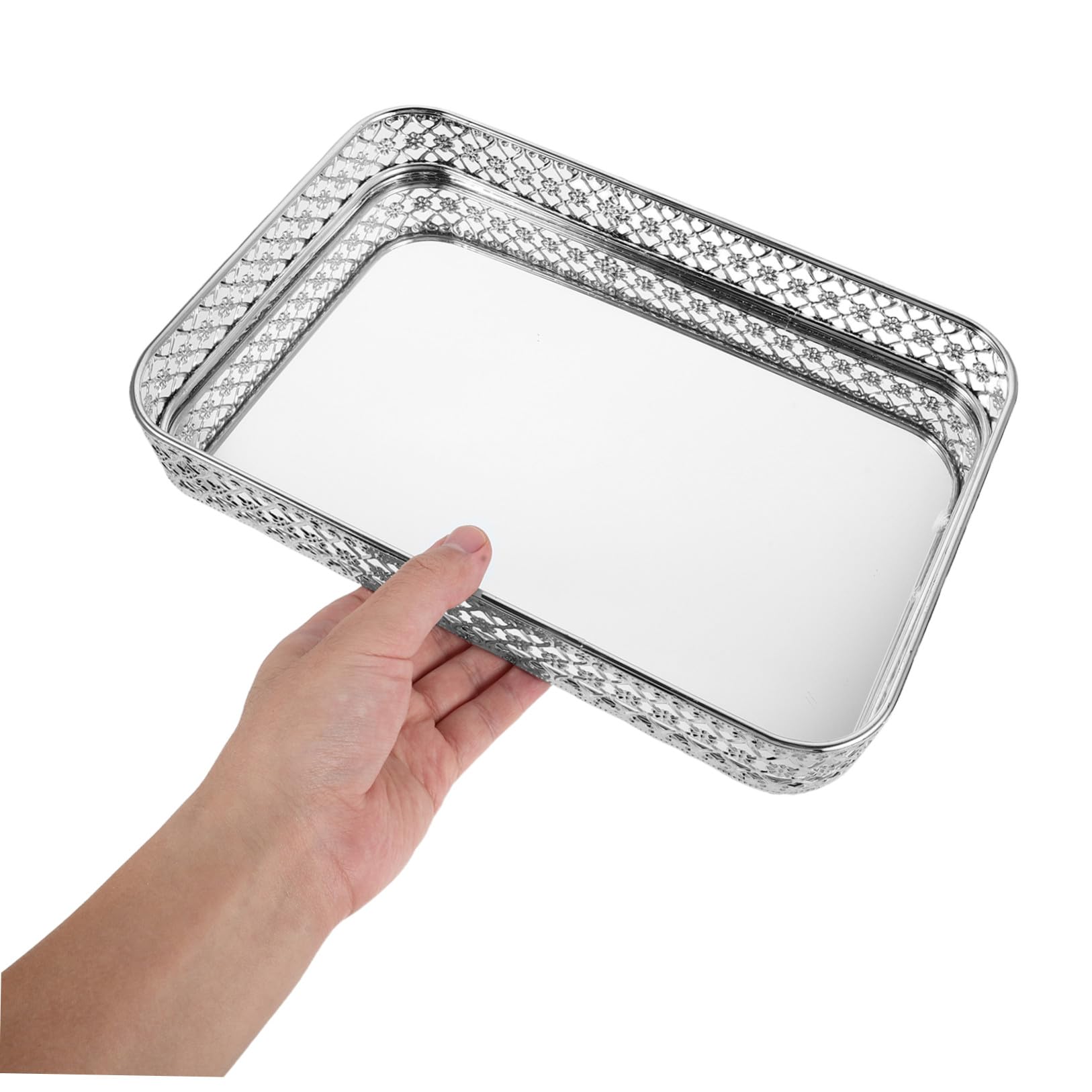 PRETYZOOM Bandeja Decorativa Rectangular Solución Versátil de Metal Superficie Espejo Plata, Fácil de Limpiar y Almacenamiento en Tocadores y Restaurantes