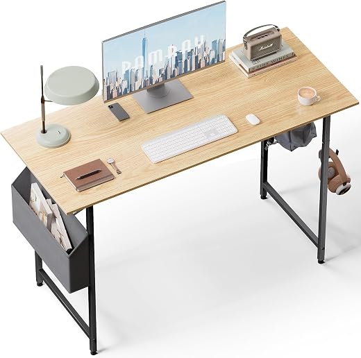 STAR WORK Engineered Wood Modern Simple Powder Coated Computer Study Writing Table Desk with 2 Hooks, Storage Bag Writing ...