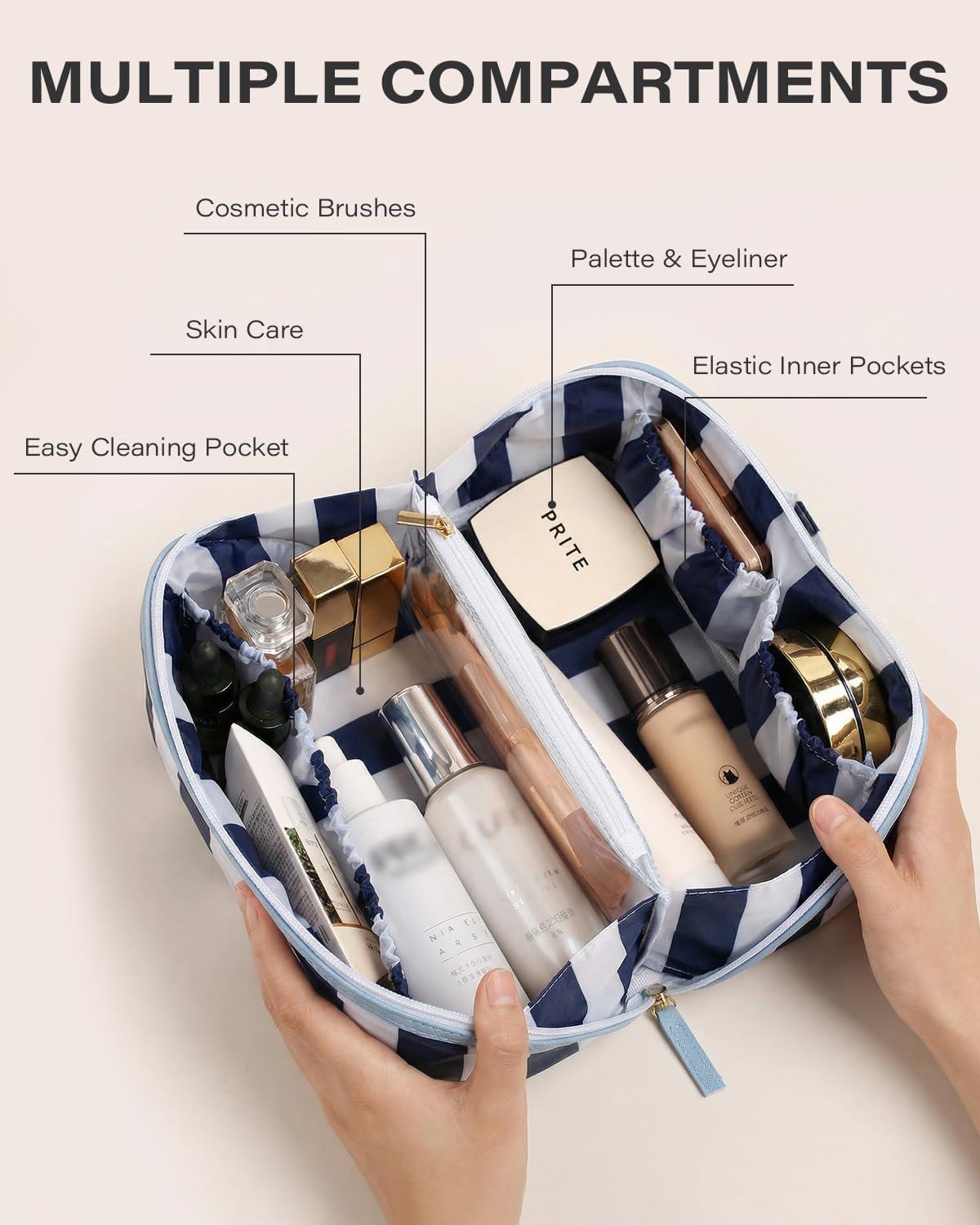 LETGO Preppy Stripe Clear Travel Makeup Bag,Waterproof Glossy PVC Cosmetic Organizer with Handle,Large Capacity Toiletry Bag for Women,Sunscreen Beach Makeup Pouch Gifts for Girls(Navy Blue White)