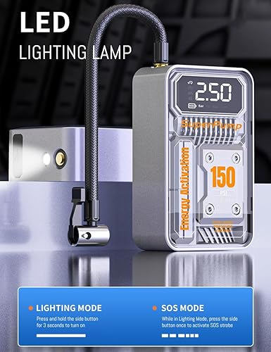 Miniatura 6 de Inflador de neumáticos, compresor de aire portátil, luz LED y función de apagado automático, bomba de aire inalámbrica 5 veces más rápida de 150 PSI