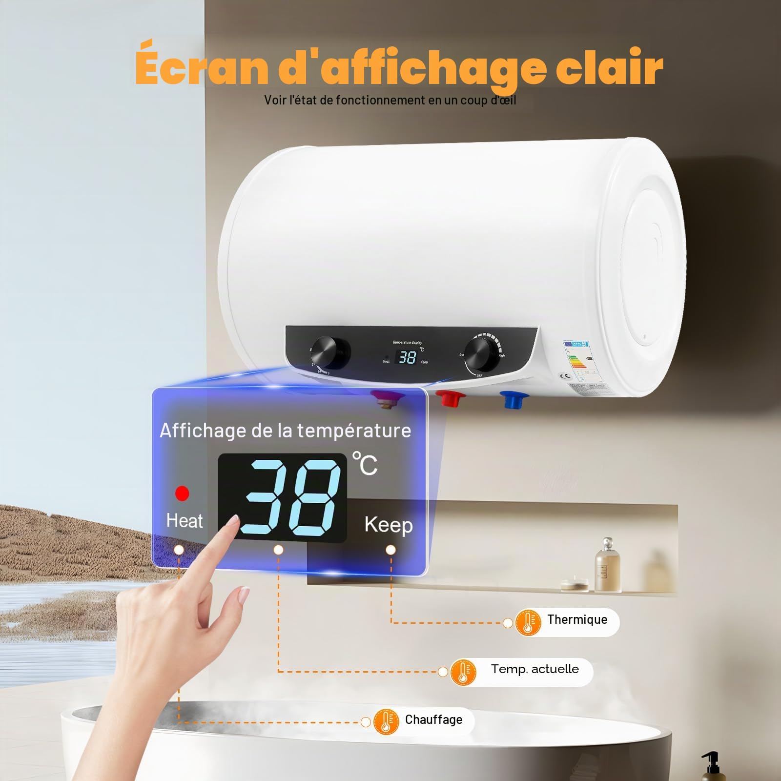 Chauffe-eau électrique - 50 l - Puissance de chauffage : 2000 W - Protection contre les fuites - Suspendu horizontal - 25 à 75 °C - Classe énergétique B