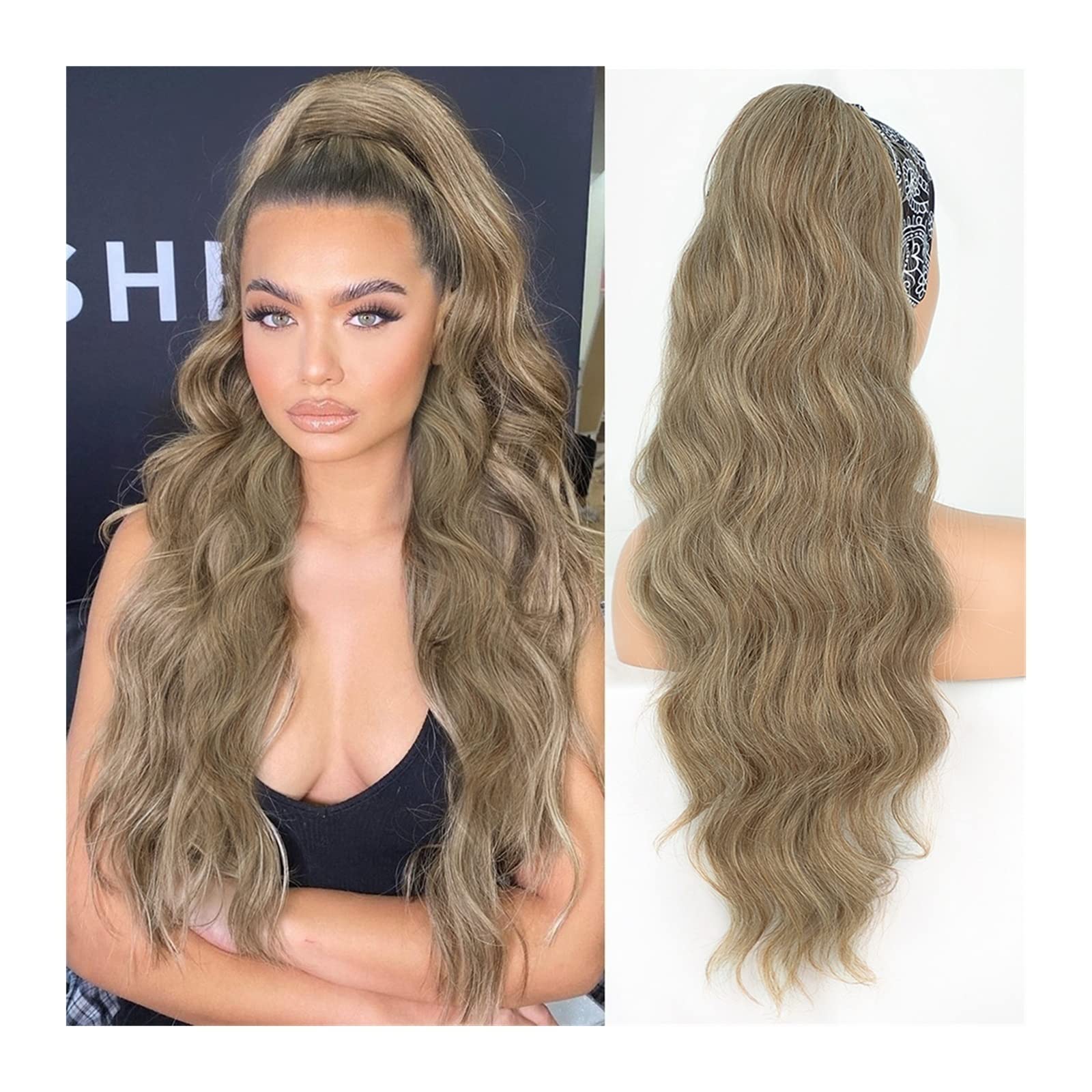 Extensión de la cola de caballo Cola de caballo con cordón ondulado de cuerpo largo sintético for mujer Extensión de cabello con cordón de onda esponjosa de 26 pulgadas Clip suave natural en postizo d