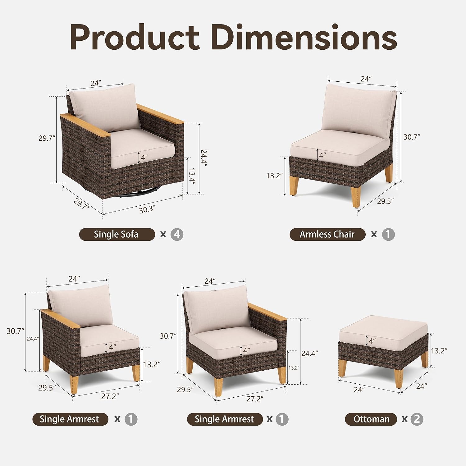 GREEN PARTY 9 Pieces Wicker Patio Furniture Set, All-Weather Outdoor Rattan Patio Sectional Sofa Conversation Set 9 Seats with 4" Thick Cushions for Garden, Backyard, 4 x Swivel Chairs