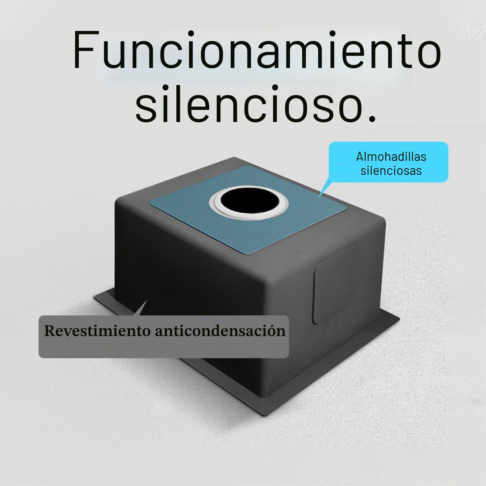 Fregadero de Cocina Negro Rectangular 1 Seno, Lavadero Inox, Pila Pequeña Con Drenaje, Instalación Sobre o Bajo Encimera (34x31x19cm)