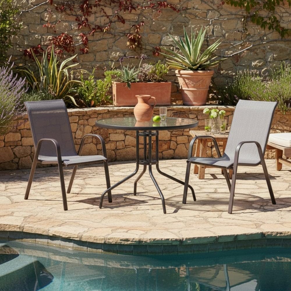 LOLAhome Set de 4 Sillas de Jardín de Acero Gris Topo y Textileno Antracita | Resistentes: Acero anticorrosión, Textileno Doble | Transpirables, Apliables | Soporta 110 Kg | 55x72x90 cm | Classic