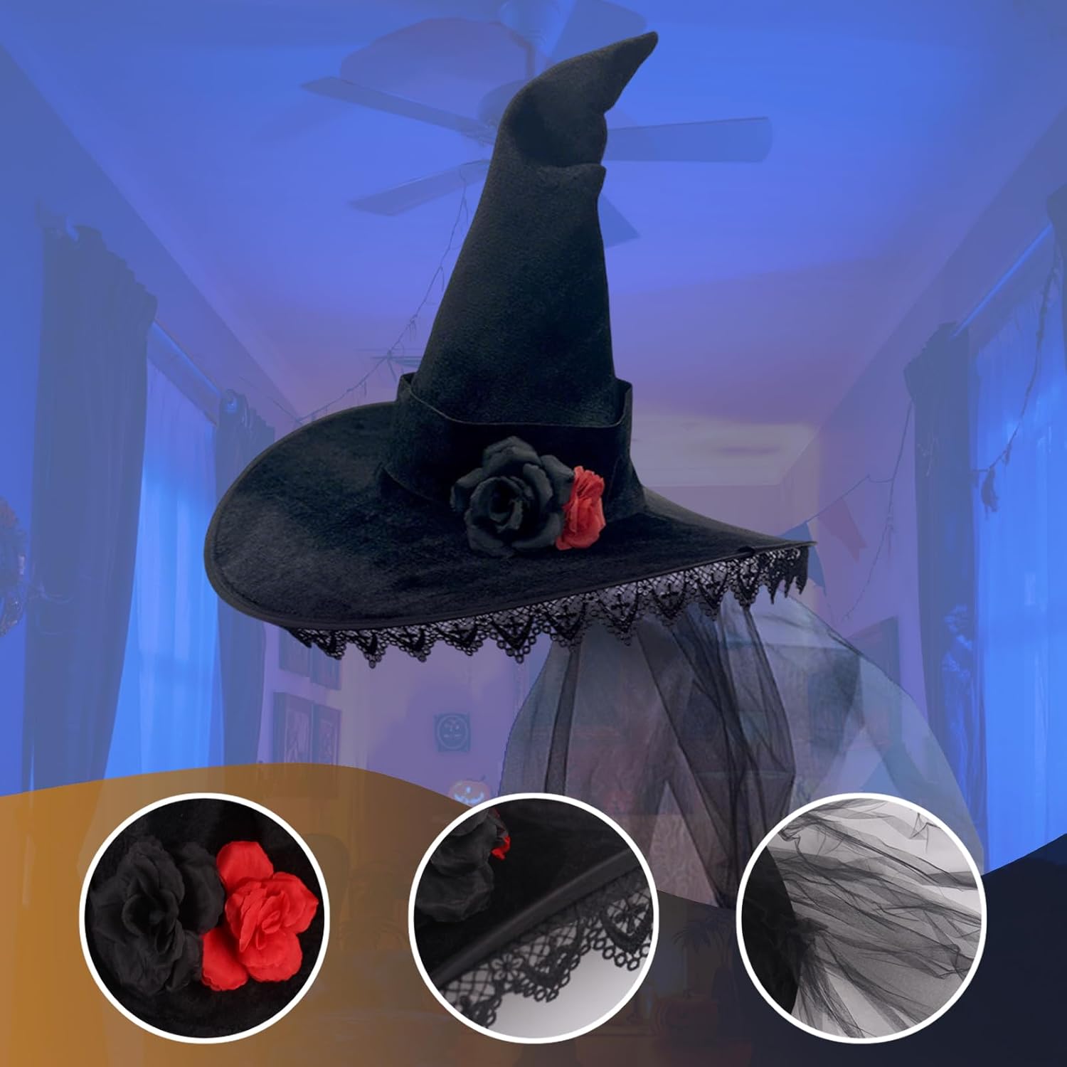 Halloween Witch Hat for Women Adult, Black Wizard Cosplay Costume Party Accessory Decoration(Veil) - Image 4