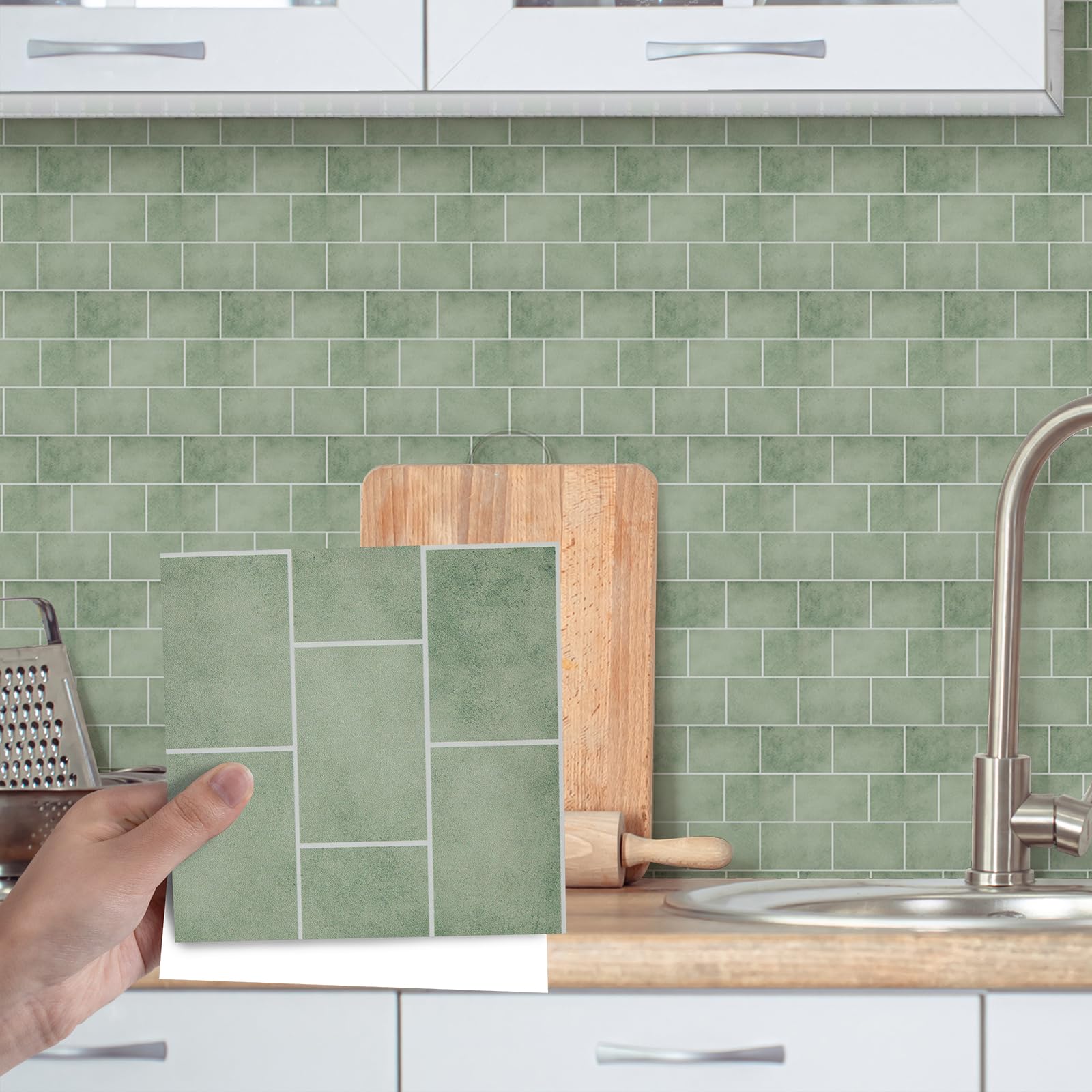 Fantasnight Tile Stickers Green, Stick on Tiles Matt 15x15cm 12Pcs, Vinyl Self Adhesive Peel and Stick for Bathroom, Removable Backsplash for Kitchen Brick