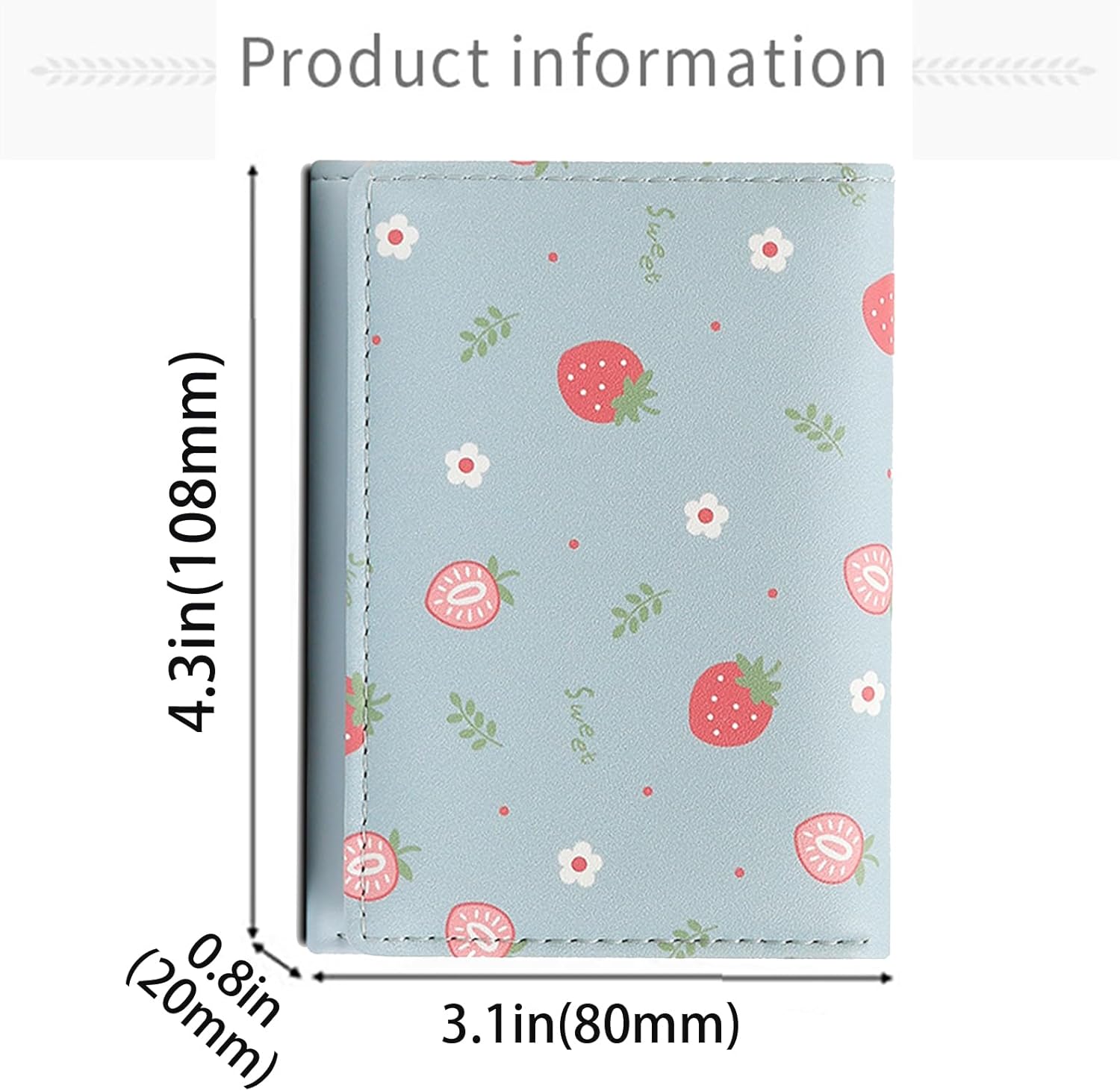 Farcauo Cute Blue Wallet for Women and Ladies Small Kawaii Minimalist Strawberries Design Leather Coin Purse with Credit Card Holder and ID Window Travel Cash Wallet for Ladies