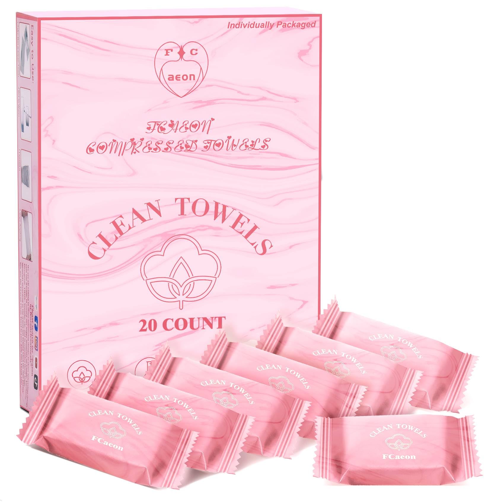 FCAEON Disposable Towel Tablet 25x23cm 20 PACK Individually Wrapped Compressed Coin Towelettes Cleaning Washcloth Coin Tissue Expandable Tower Tablets for Sensitive Skin Beauty & Personal Care (Pink)