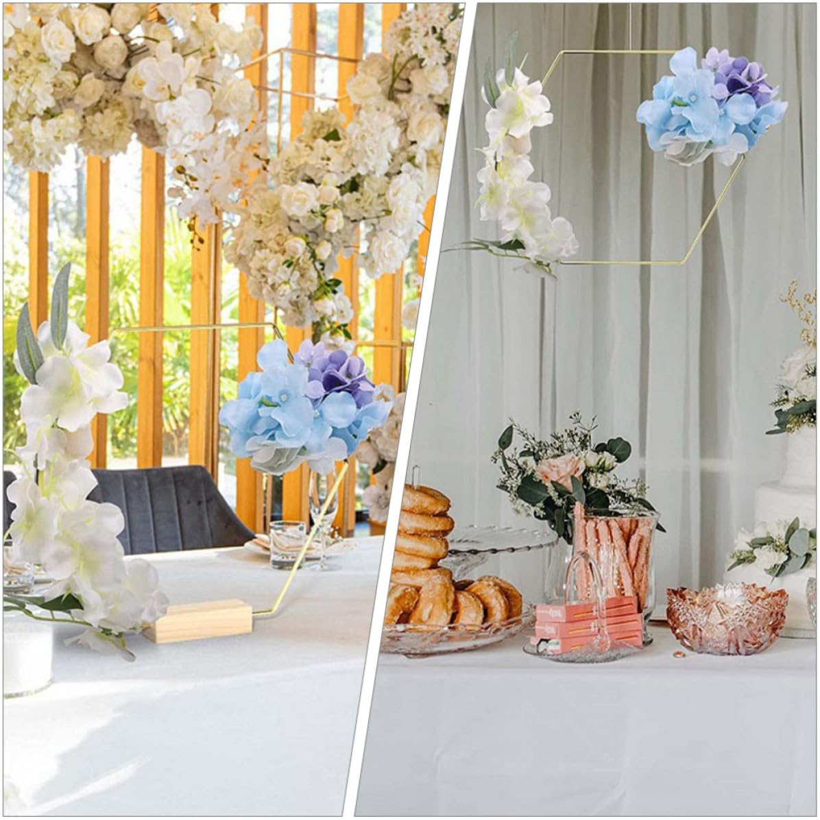 PLAFOPE 10 Piezas Aro de Metal Hexagonal con Base, Dorado, de Metal y Madera, Centro de Mesa para Boda y Manualidades DIY, para Decoración de Mesas