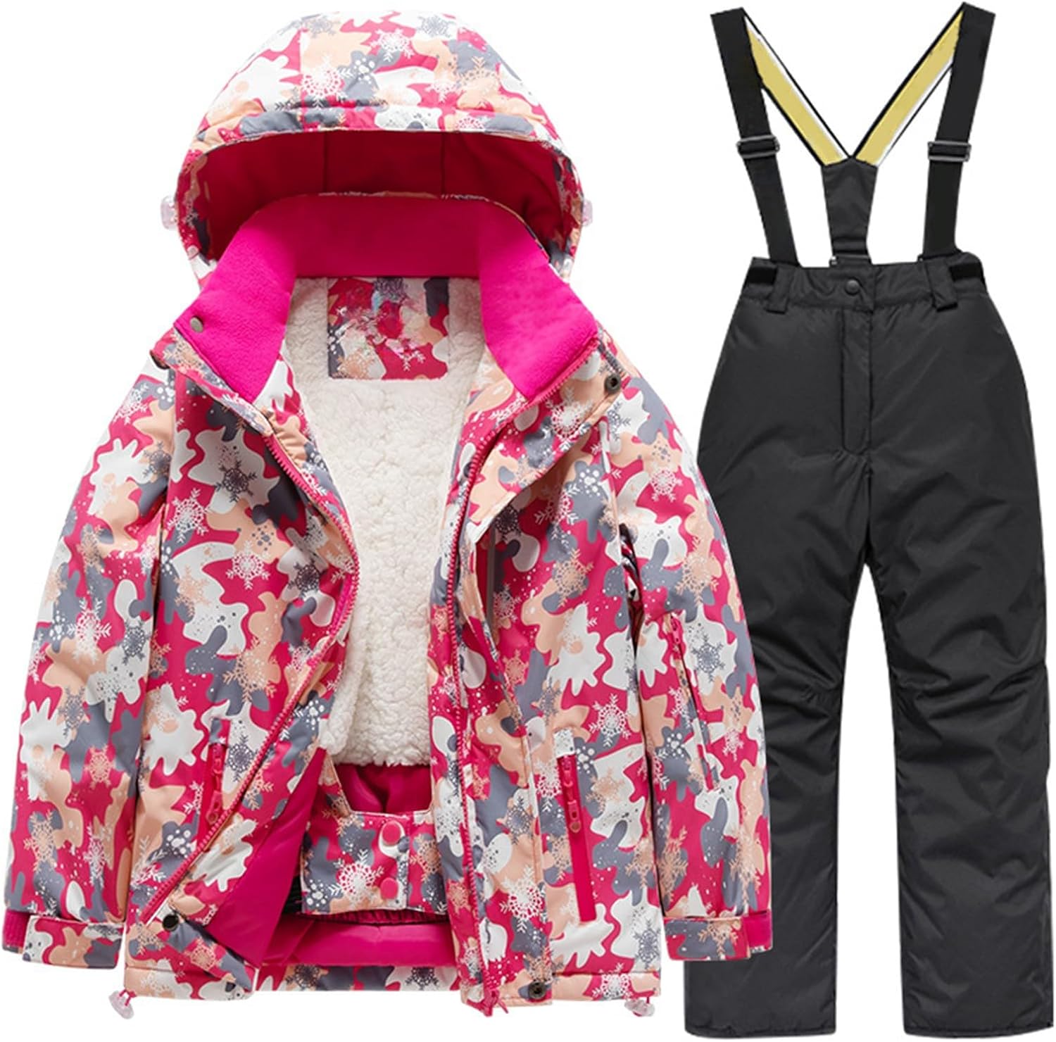 Kids Ski Suits Thick Warm Fleece Lined Hooded Jacket & Snow Overalls 2 Piece Girls Winter Windproof Snowsuit Outfits