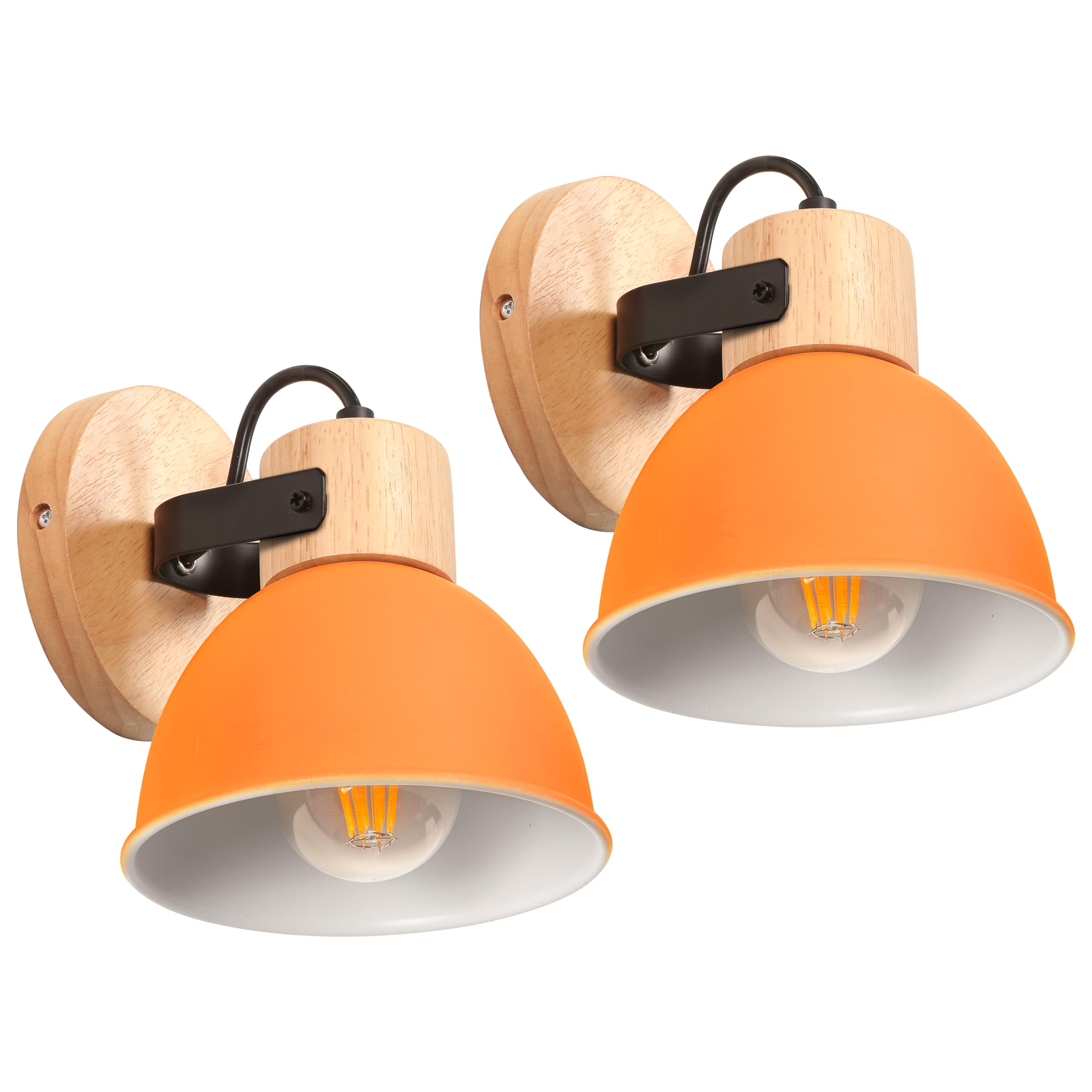 iDEGU Set of 2 Interior Wall Sconces 15 cm Retro Spot LED Insustrial Wall Lamp Wooden Iron Vintage Adjustable Chandelier Ceiling Light E27 Wall Lighting for Bedroom Living Room (Orange) — image 1
