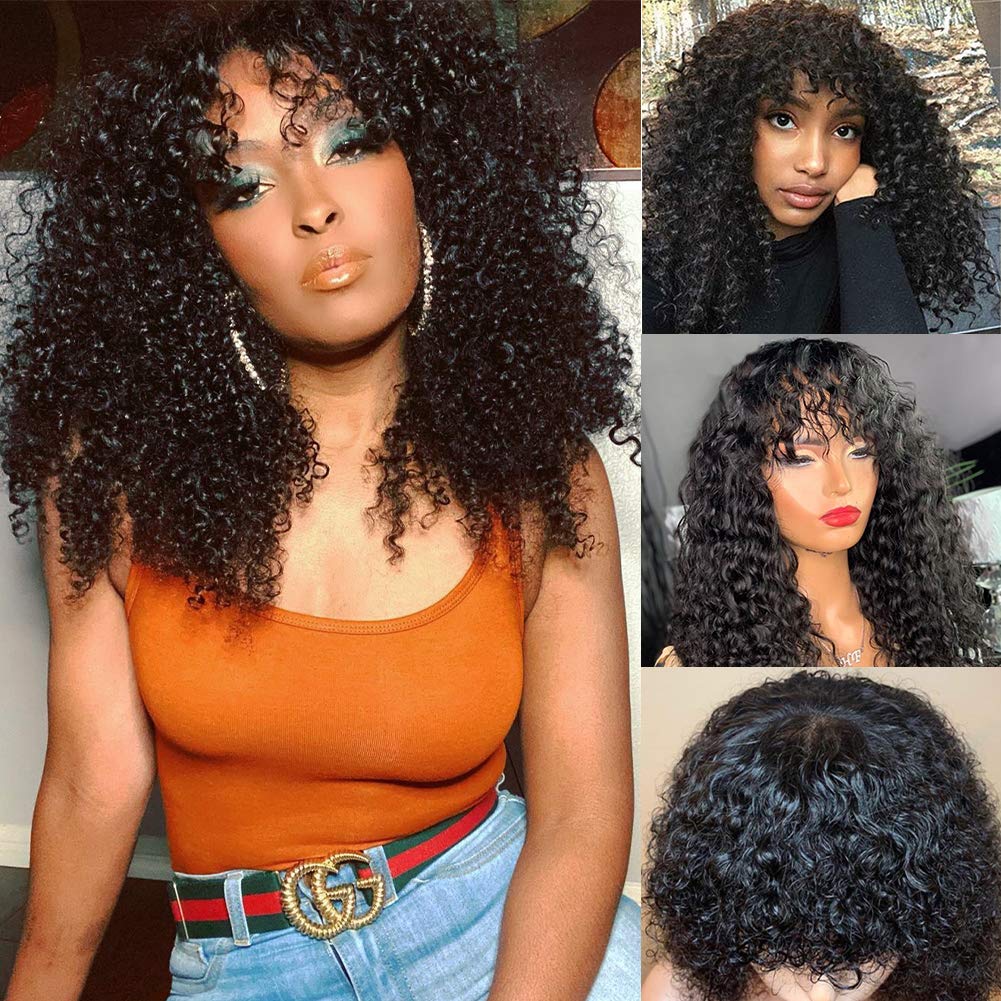 CYNOSURE Hair Curly Wig 9A Lace Front Wigs Human Hair for Black Women 150% Density Glueless Human Hair Wigs with Bangs Half Machine Made Natural Black (14, Natural Black)