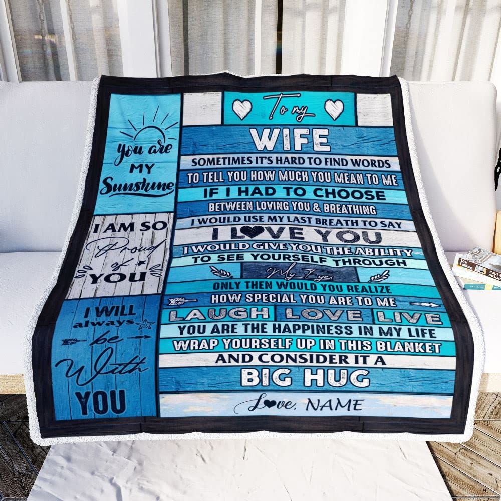 TeesNow Personalized to My Wife Blanket from Husband Wood Laugh Love Live Big Hug Wife Birthday Anniversary Valentines Christmas Customized Fleece Blanket (50 x 60 in Youth Size)