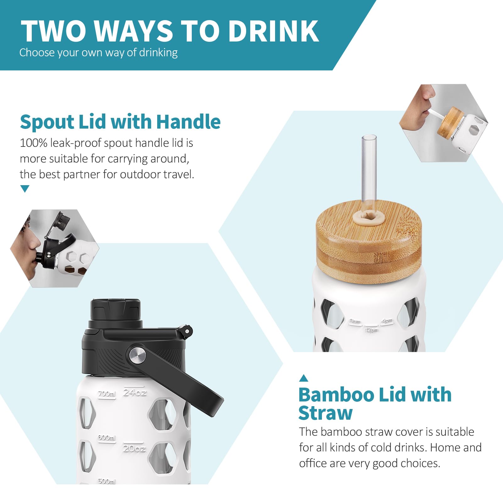 HYDRAGLAZIC 700ML Glass Water Bottle with 2 Flip and Bamboo Straw Lids Sports Water Tumbler with Time Reminder and Silicone Sleeve Leak-proof BPA Free - Image 2