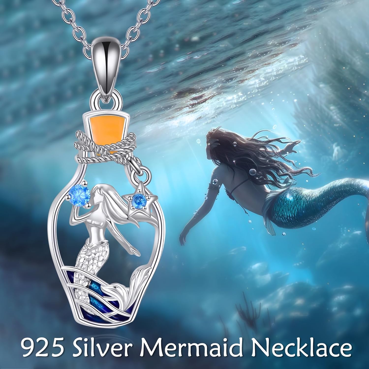 Mermaid Jewelry Gifts Necklace Jewelry Sterling Silver Sea Mermaid Wave Pendant Necklace Gifts for Women - Image 6