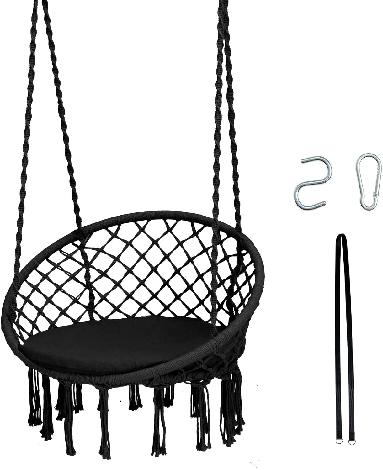 Tangkula Hammock Chair with Cushion, Bohemian Style Macrame Swing Chair with Hanging Hardware Kit & Strap, Indoor Outdoor Hanging Rope Swing for Bedroom, Indoor, Outdoor (Black)