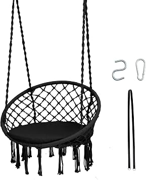Tangkula Hammock Chair with Cushion, Bohemian Style Macrame Swing Chair with Hanging Hardware Kit & Strap, Indoor Outdoor Hanging Rope Swing for Bedroom, Indoor, Outdoor Black