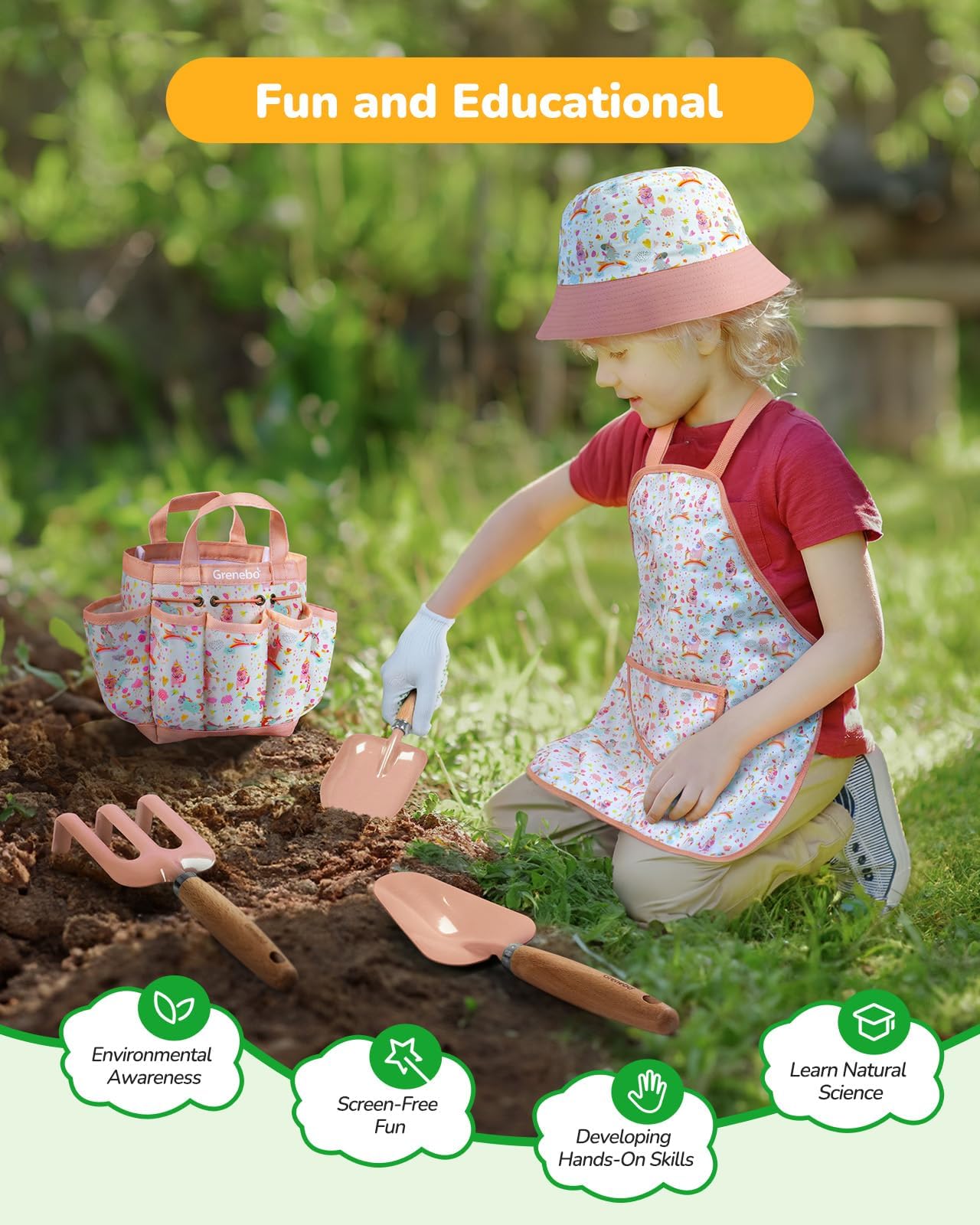 Grenebo-Gartenspielzeug für Kinder, inklusive Metallkelle, Pflanzschaufel, Gartenhut, Rechen, Schürze, Handschuhe, Gießkanne und Werkzeugtasche (rosa)