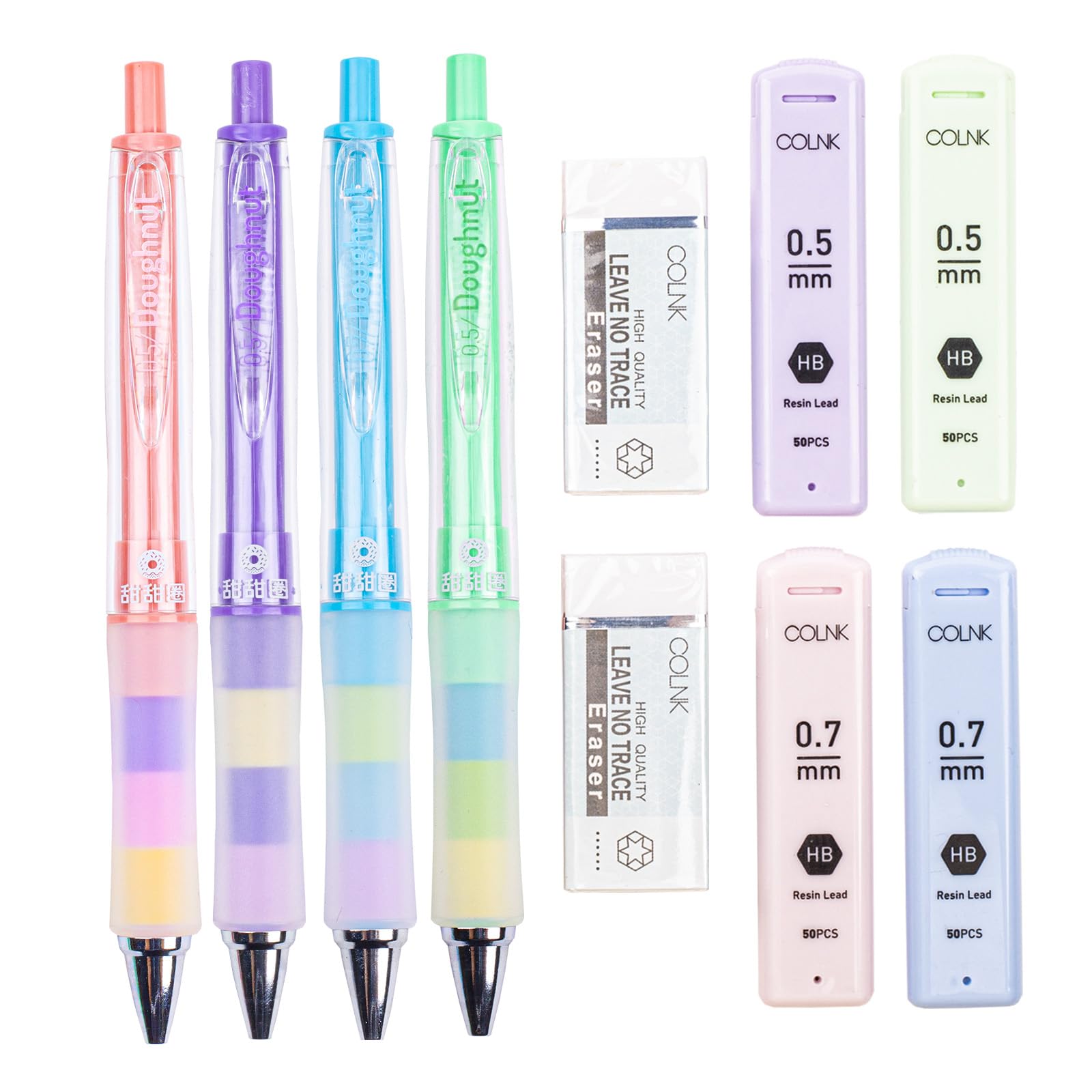 COLNKMechanical Pencil Set with Lead and Erasers, 4 Drawing Mechanical Pencils 0.5 & 0.7mm, with 4 Tubes of HB Lead Refills and 2 Extra Erasers for School Office Writings