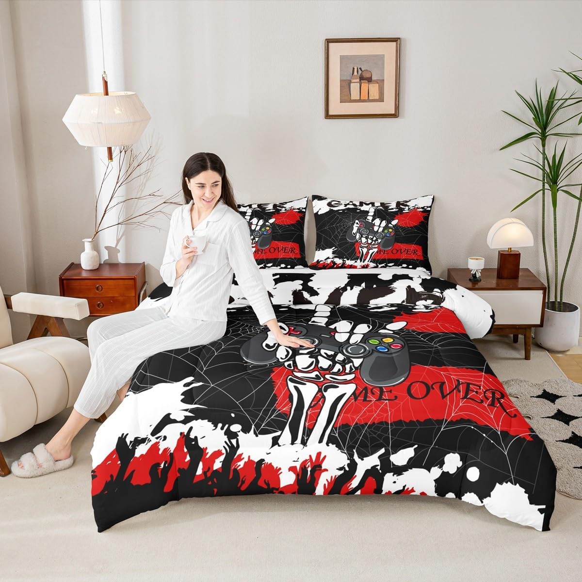 Skull Gamer Bedding Set Teens Playing Video Game Comforter Set for Kids Boys Girls Black Gaming Joystick Reversible Comforter Cobweb Skeleton Gamepad Decor Quilt Set With 1 Pillowcase 2Pcs Twin Size image 5