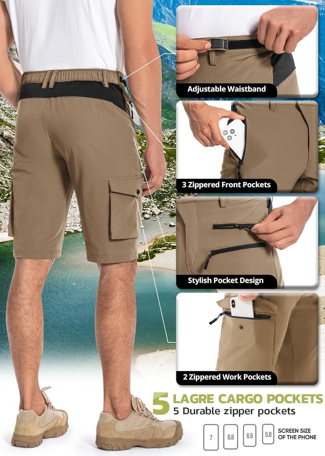 Hiauspor Men's Hiking Cargo Shorts Quick Dry Lightweight Casual Fishing Tactical Golf for Outdoor with 5 Pockets
