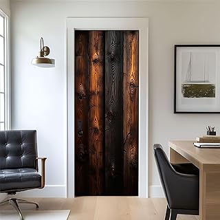 Door Stickers Peel and Stick Door Decal Burnt Wood Texture Charred Black Warm Orange Striations Removable Mural Wallpaper 30.3''x78.7'' Wall Murals for Kitchen Living Room Bedroom
