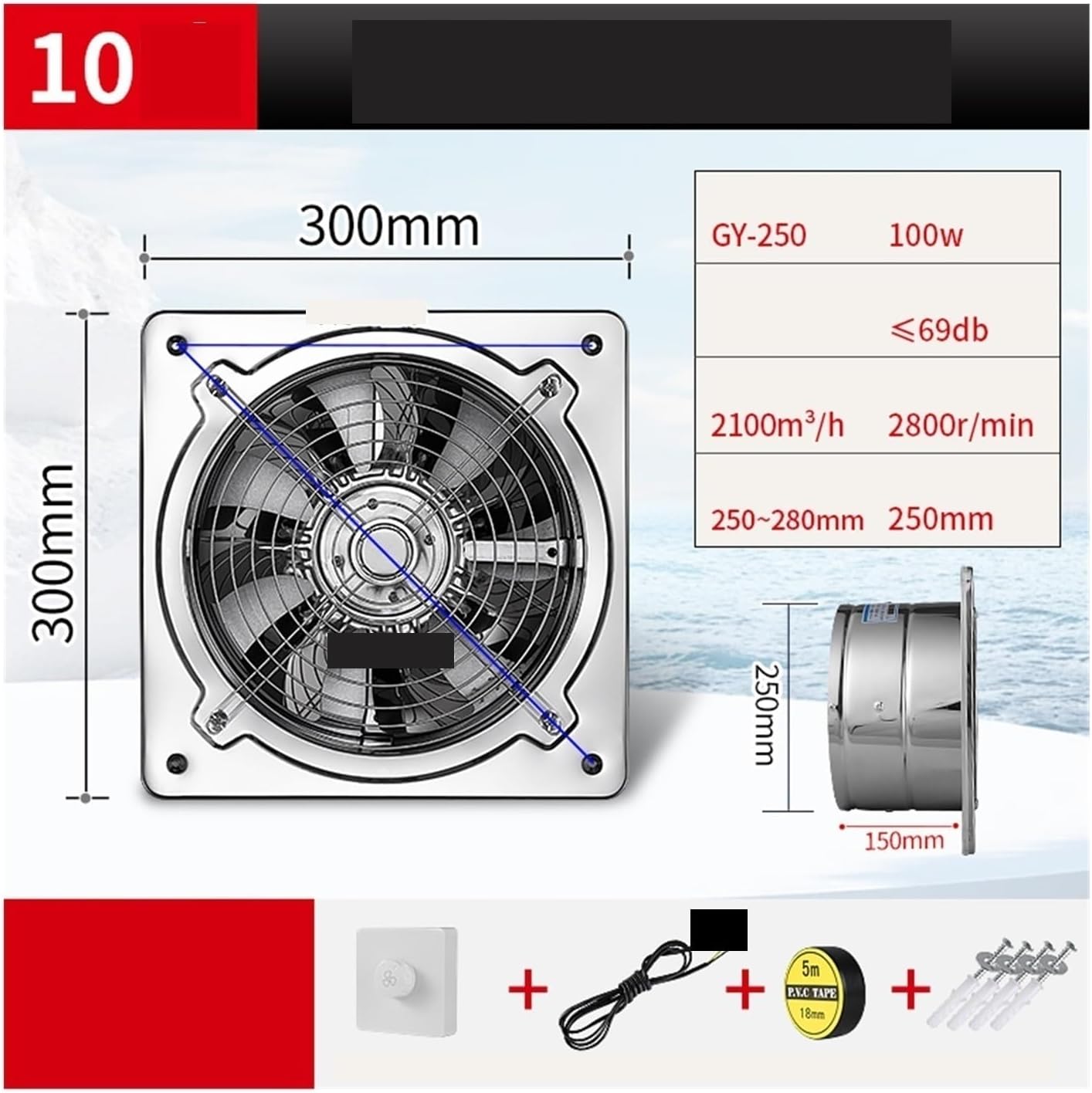 Exhaust Fan, Exhaust Fan Kitchen Oil Fume Bathroom Stainless Steel Ventilation Industry Range Hood for Greenhouse, Basement(10 inch D)