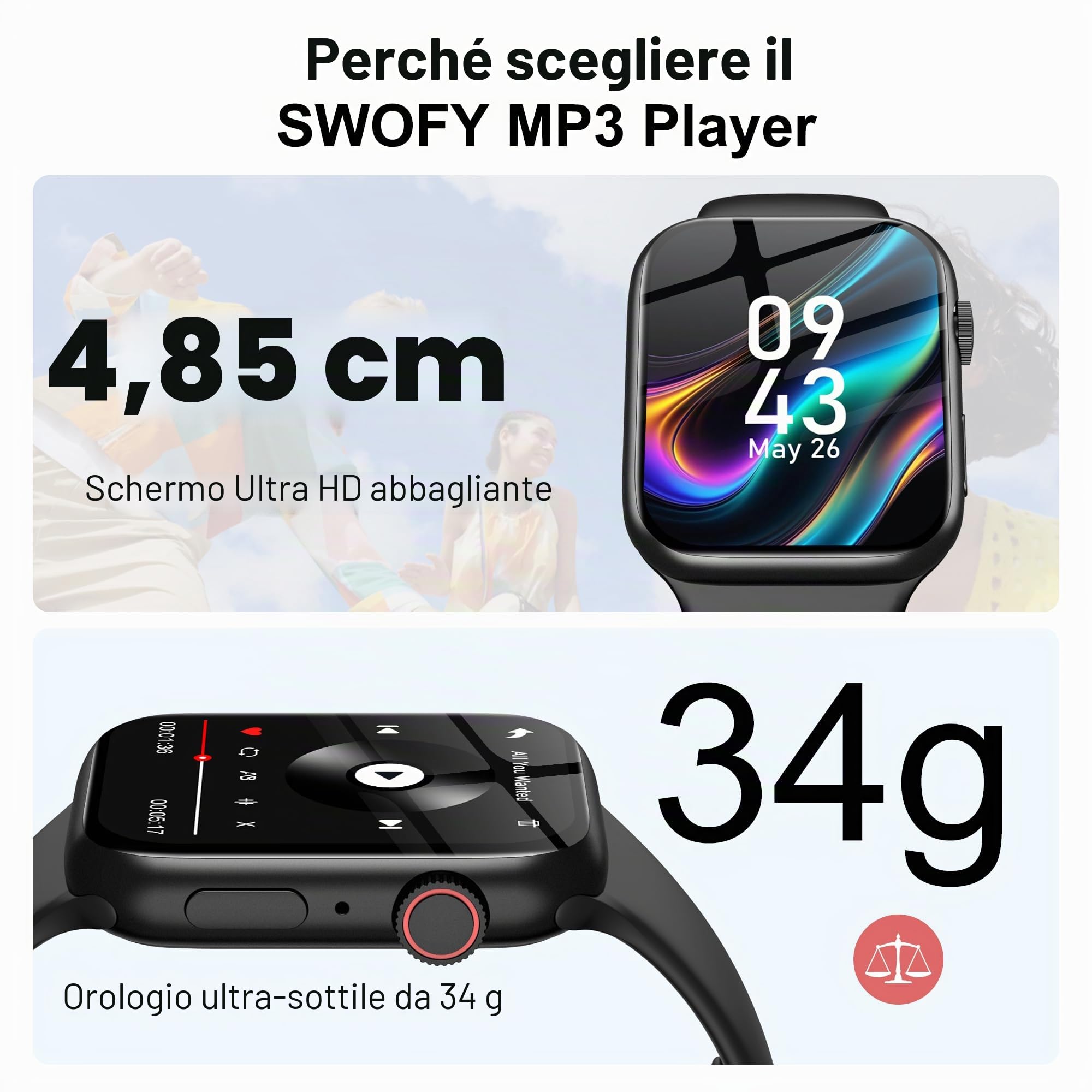 SWOFY Lettore MP3 32GB Bluetooth 5.3, Schermo Touch, Bracciale Sportivo – Registrazione HiFi, Tracciatore di Fitness, per Corsa/Palestra (Nero)