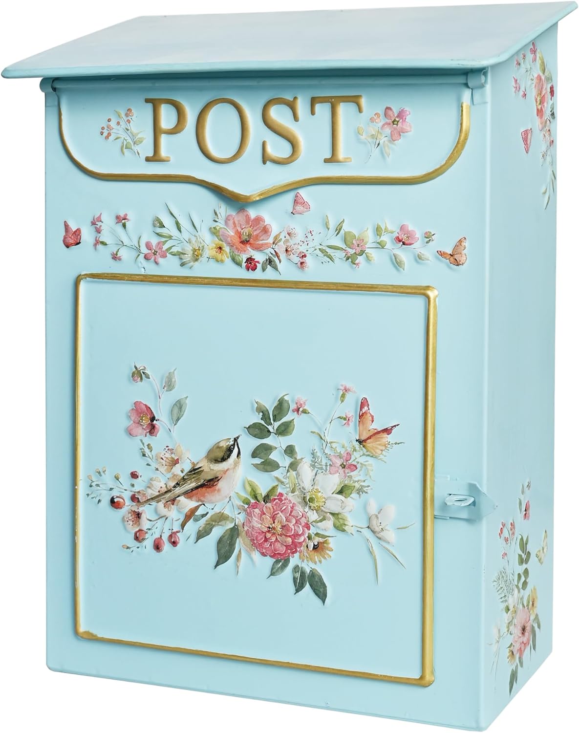 Vintage Mailbox Wall Mount Mailboxes for Outside Small Mail Boxes for House Outside Metal Drop Box Antique Style Nostalgic Charm Home Decorative, Flower Pattern (Pink, Small)