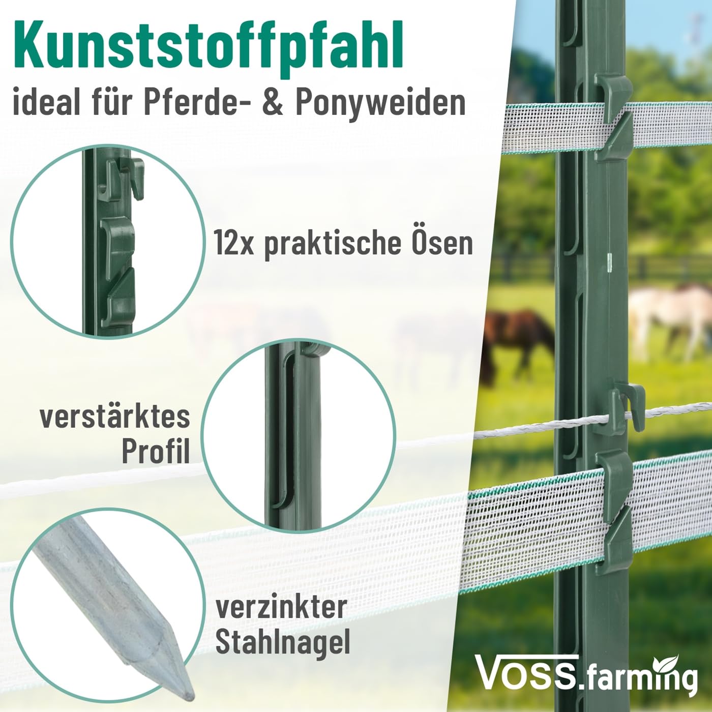 VOSS.farming 20x Kunststoffpfähle 125cm 12 Ösen grün Weidezaunpfahl glasfaserverstärkt Doppeltritt