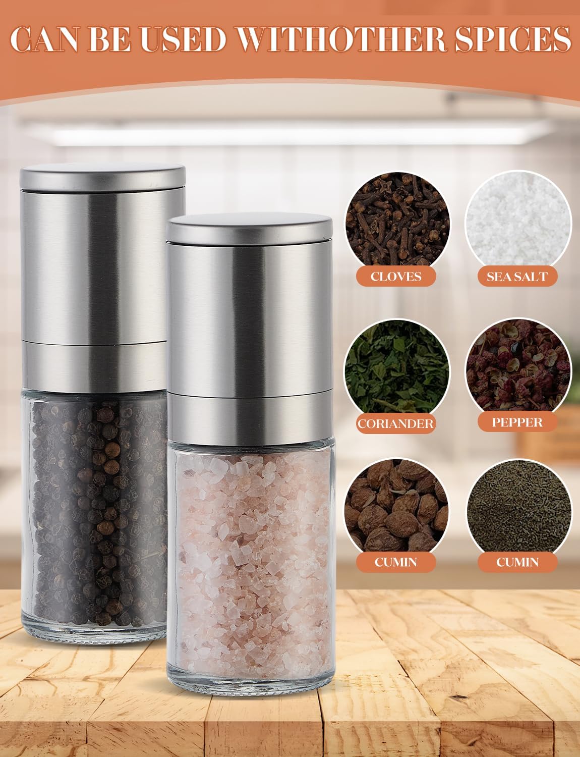 Salt and Pepper Grinder 2pcs Mill Set Stainless Steel Pepper Shaker Adjustable Ceramic Coarseness Salt Grinder Black Pepper Spice Grinder Mill