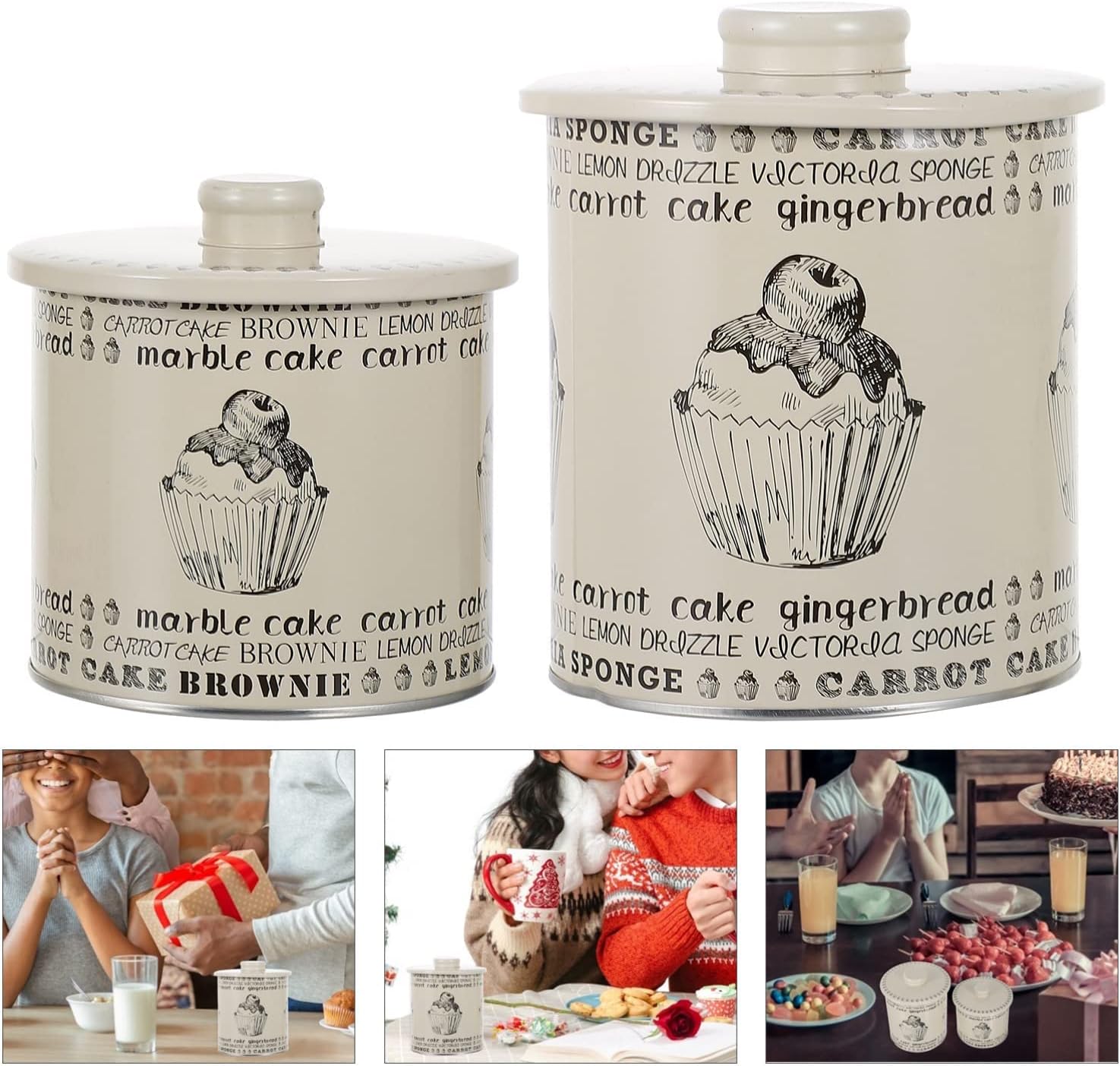 Round Storage Tin Box with Lid, SYOSI Bread Bin Metal Iron Bread Container Bread Box Food Storage Container Farmhouse Coffee Tea Canister for Kitchen, One Big and One Small 2Sets