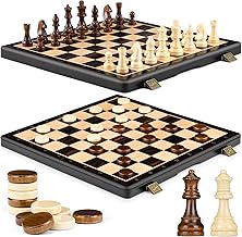Peradix Magnetique Jeu échecs et de Dames,Echecs et Jeu de Dames Pliable en Bois,Grandes Pièces Aimanté Design Echiquier pour Enfants et Adultes 38CM