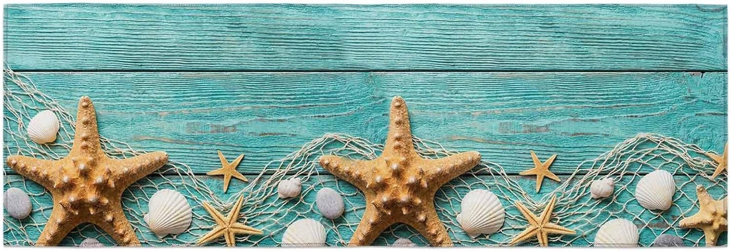 Teamery Kitchen Mats for Floor Summer Starfish Shell Conch Washable Non Slip Kitchen Rugs 1PCS, Ocean Creature Teal Wood Plank Absorbent Standing Mats for Sink Bathroom Office Living Room 15.7x47.2in