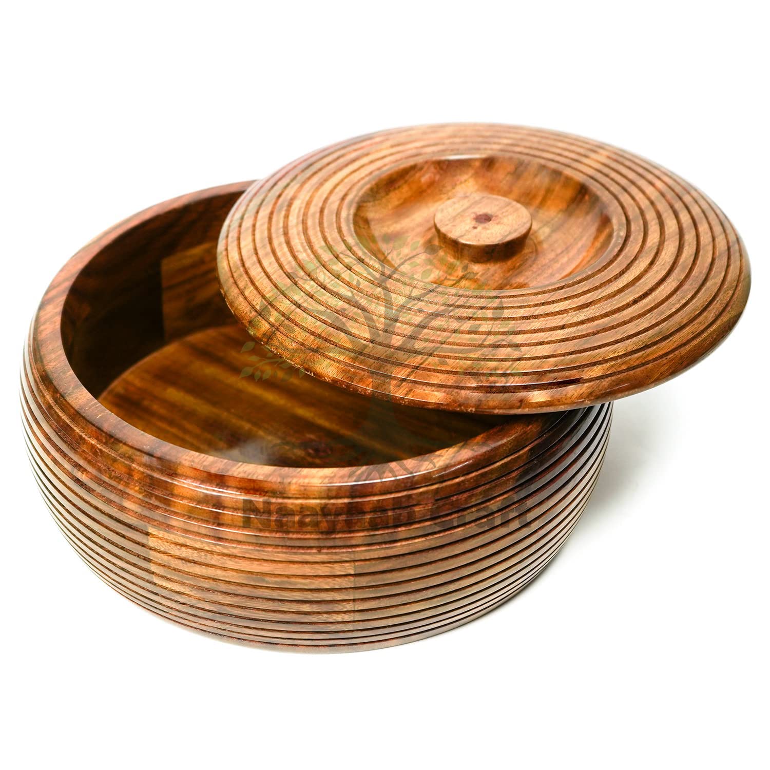 Naayaab Craft Pakka Sheesham Wood Round Chapati Box | Hand Carved Roti Storage Container | Hot Pot, Casserole, Roti Dabba with Lid for Kitchen (D3-9inch)