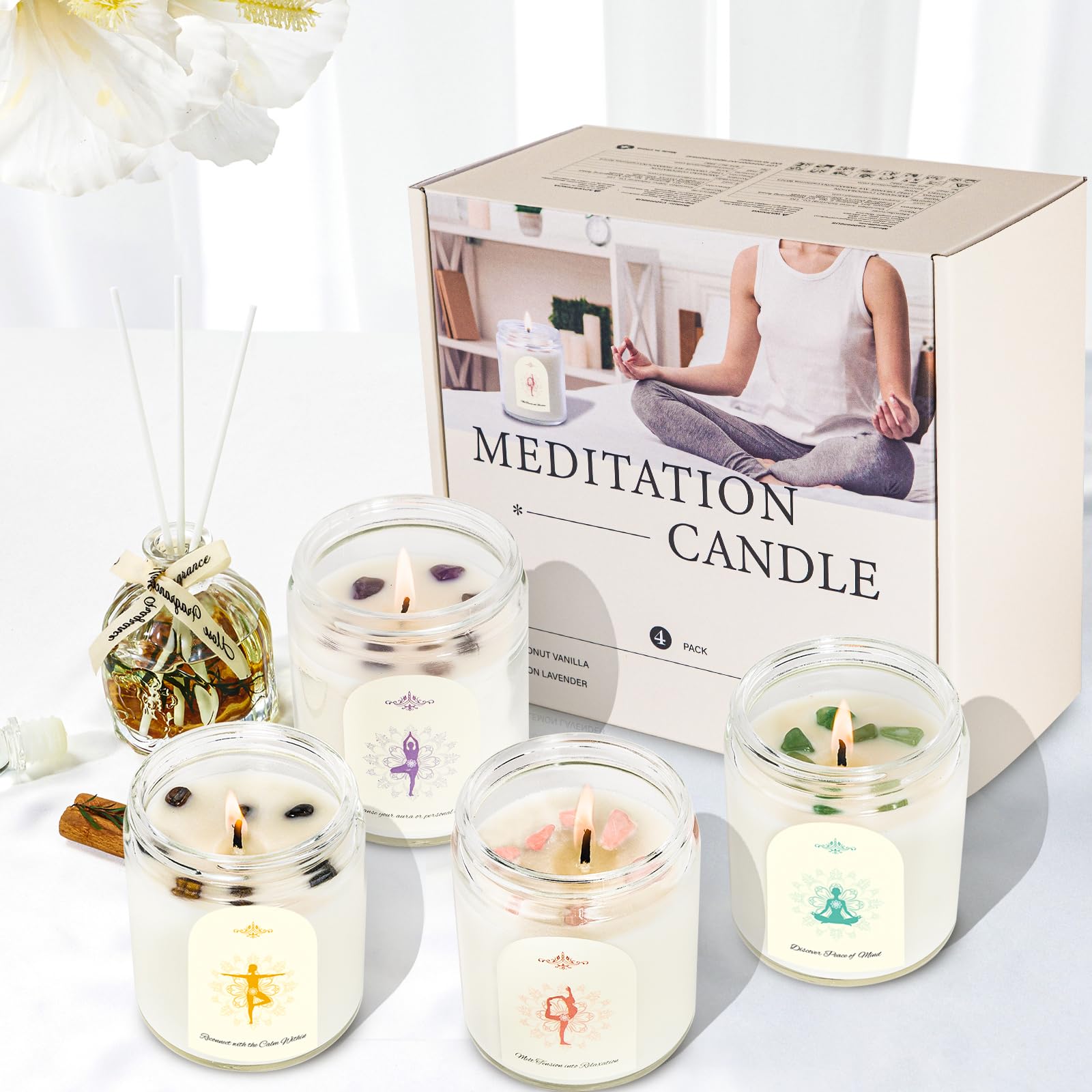 4 Pack Candles for Home Scented, Scented Candle Set with Crystals Stones, Aromatherapy Candles Birthday Gifts Set for Women, 24 Oz 200 Hour Long Lasting Soy Candles Gifts for Mothers Days
