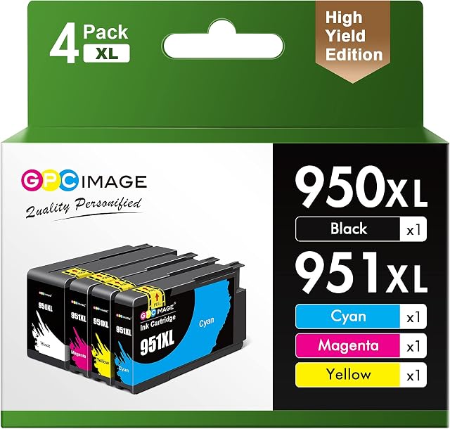 GPC Image Ink Cartridges Replacement for HP 950XL 951XL Compatible with Officejet Pro 8620 8610 8600 8100 8615 8630 251dw 276dw 8630 8640 8625 (Black Cyan Magenta Yellow, 4-Pack)