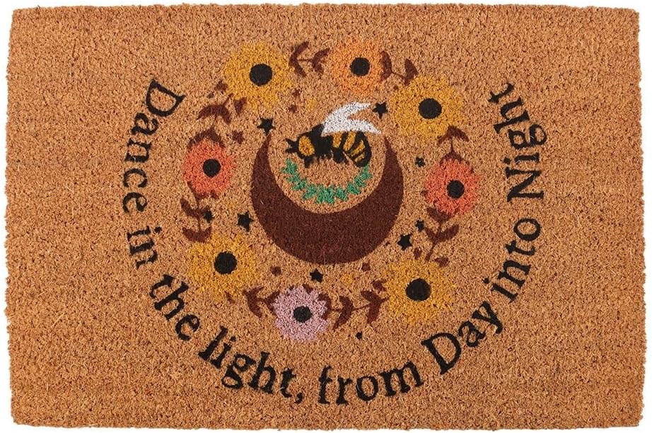Solstice Natural Summer Doormat - Coconut Fiber Design with Crescent Moon, Bee and Sunflower - Comforting Message "Dancing in Daylight to Night" - Perfect for Solstice