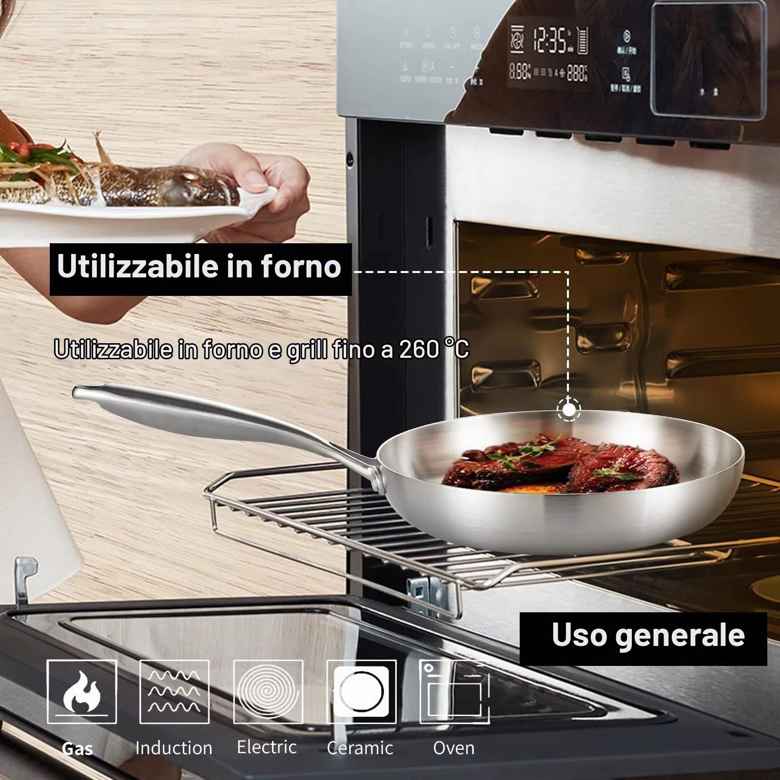Generico Padella Gourmet Professionale, Padella in Acciaio Inox a 3 Strati, Compatibile con Induzione, Lavabile in Lavastoviglie, Resistente fino a 400°C (26 cm)