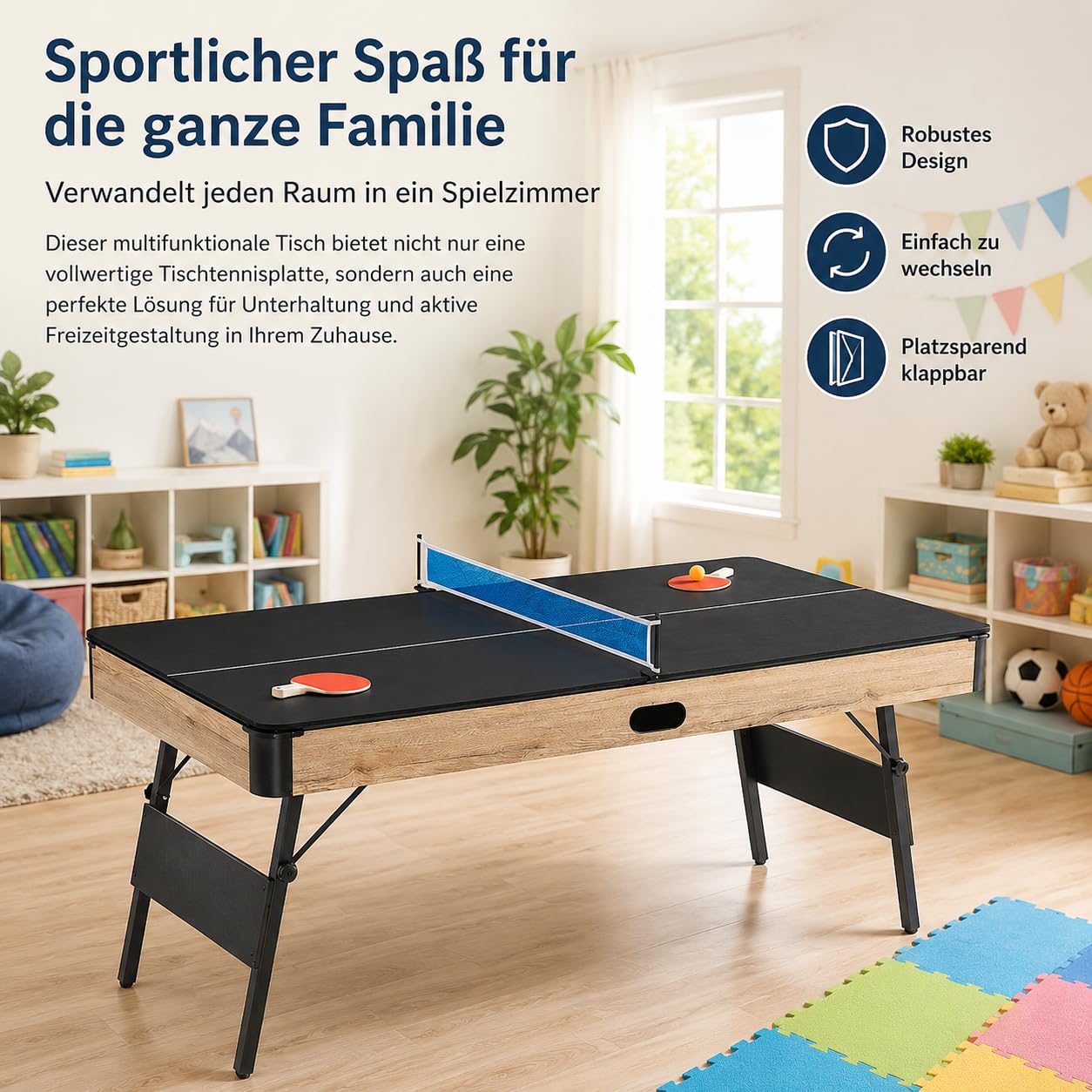 Massivholz Billardtisch, 3-teiliger Billard & Billiardtisch, Multifunktionstisch für Wohnzimmer & Partykeller, mit Esstisch Funktion, Schrägbein, zusammenklappbar (#3953)