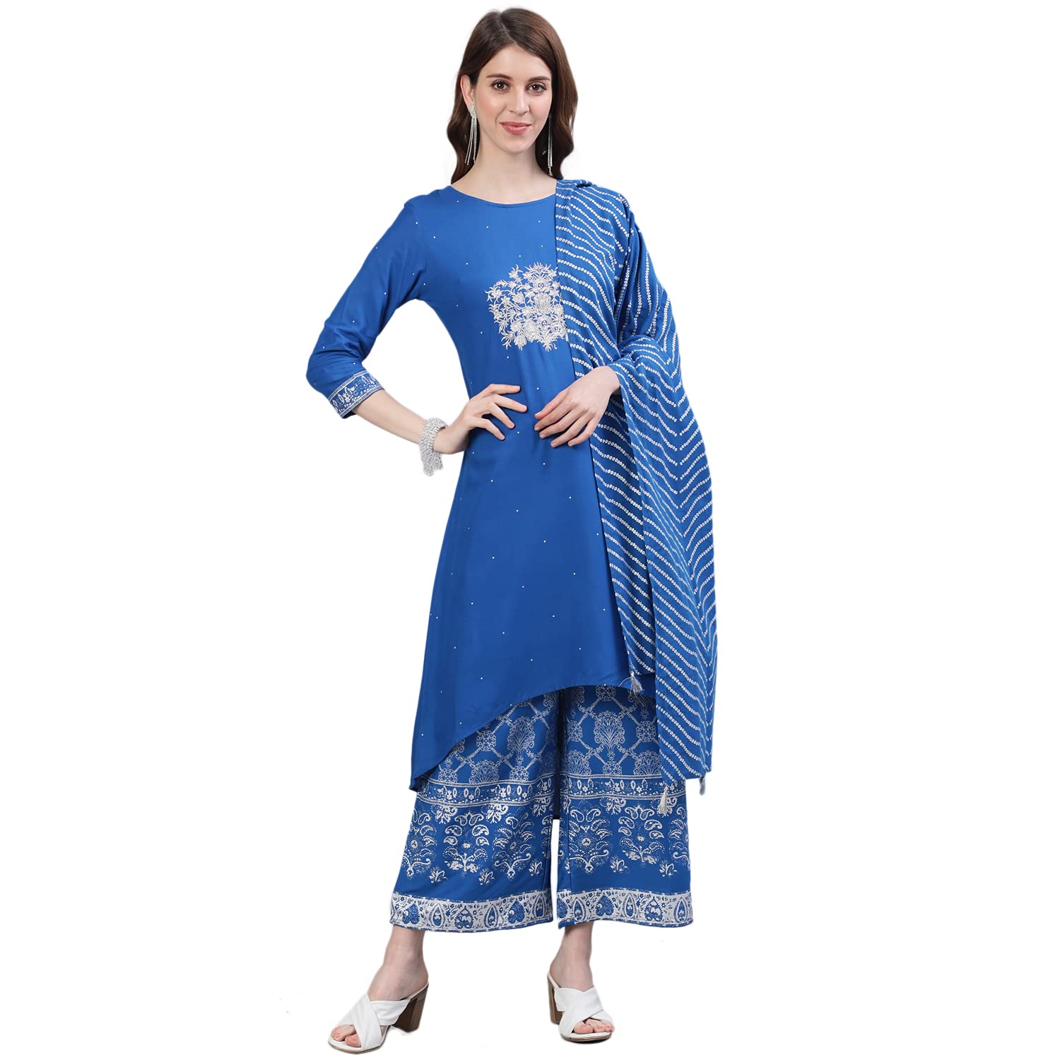 Ishin Women's Viscose Rayon Blue Embroidered Anarkali Kurta Suit Set With Palazzos Xynw0Re-Kpre-141D_M_Blue