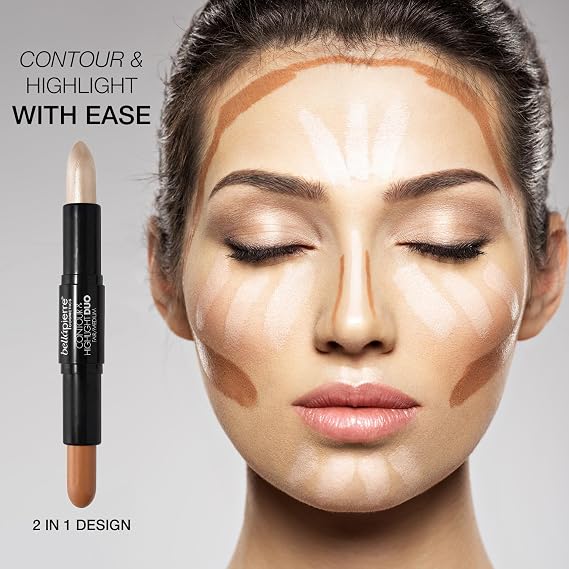 bellapierre Contour and Highlight Duo | Portable Contour and Highlight Stick for a Shimmering Sculpted Look | Lightweight Non-Toxic and Paraben Free Formula | 0.3 Oz - (Dark/Deep)
