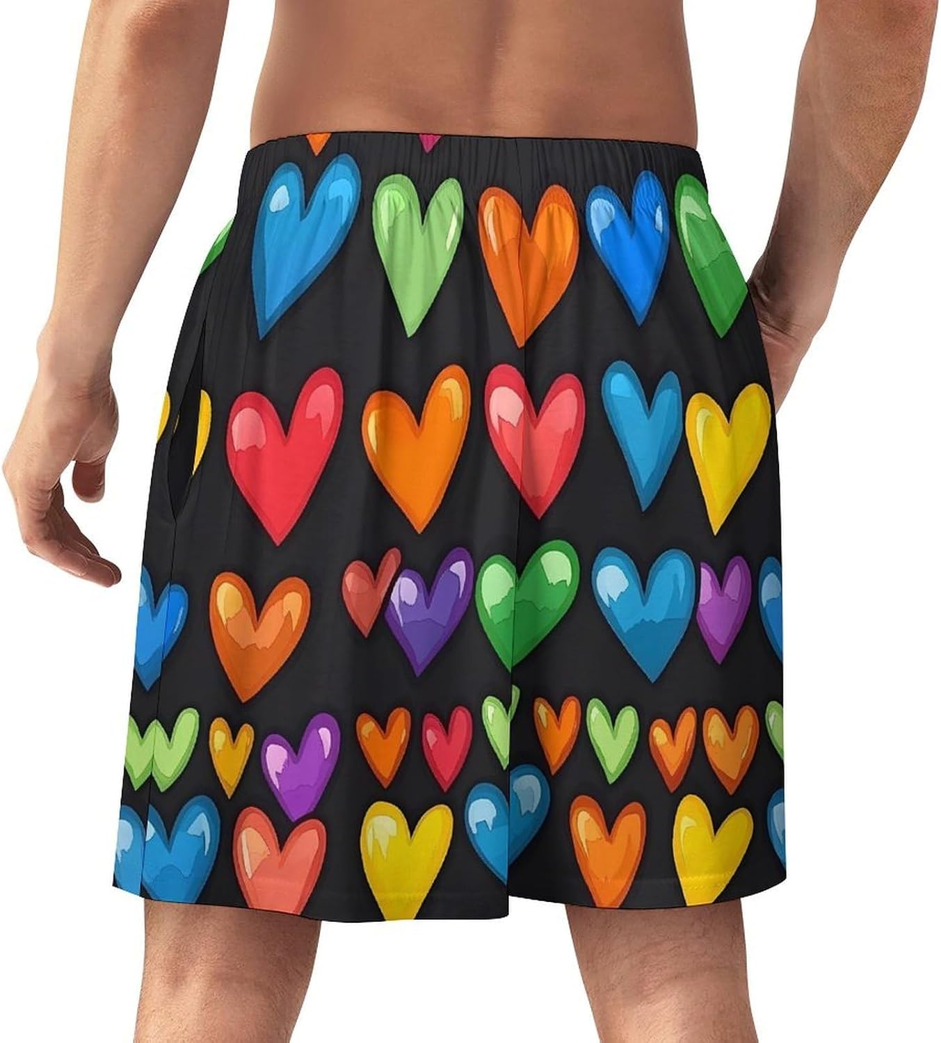 Rainbow Love Heart Print Mens Pajama Shorts Drawstring Pajama Pants Pj Bottoms with Pockets