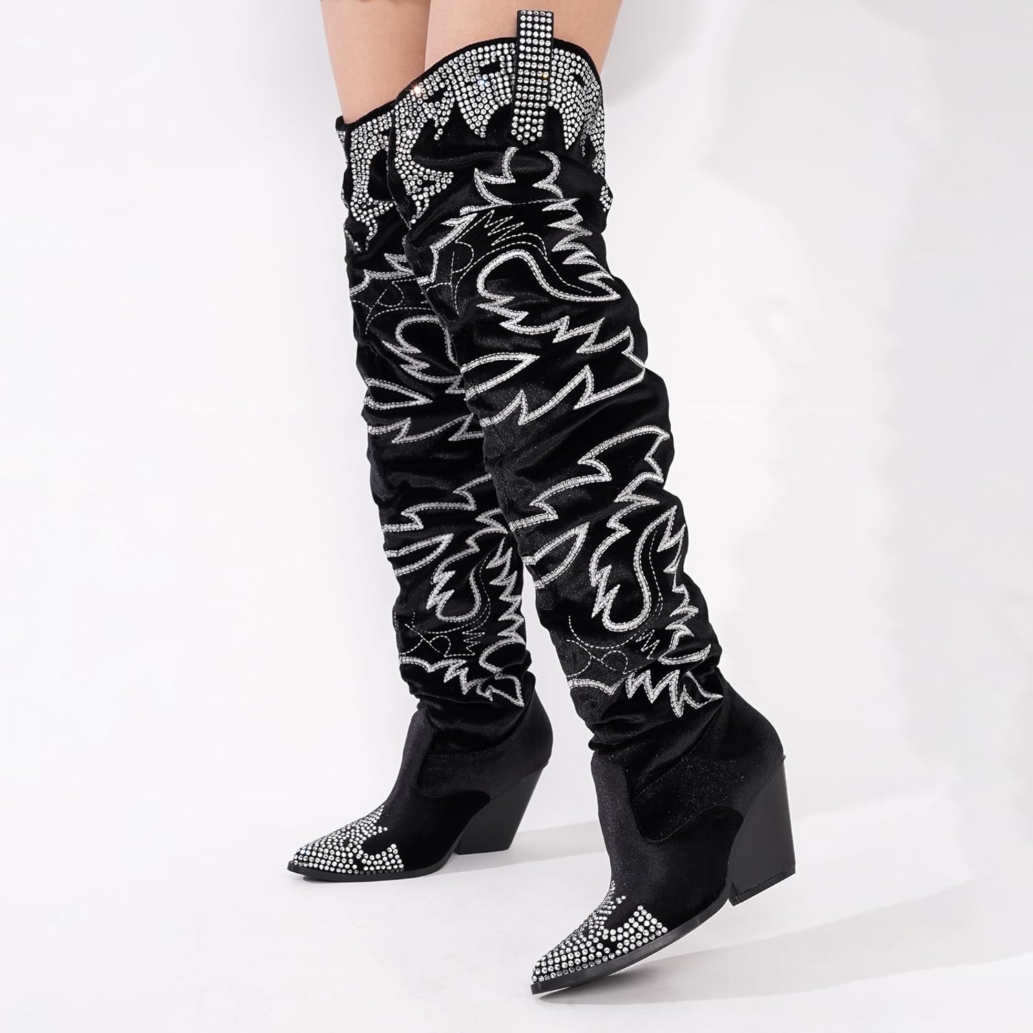 Cape Robbin Women's Rhinestone Embroidered Cowboy Boots Thigh High Slouchy Wide Calf Pull On Over The Knee Boots with Memory Foam Insole & 3 Inch Heel (Lish.a) - Image 6