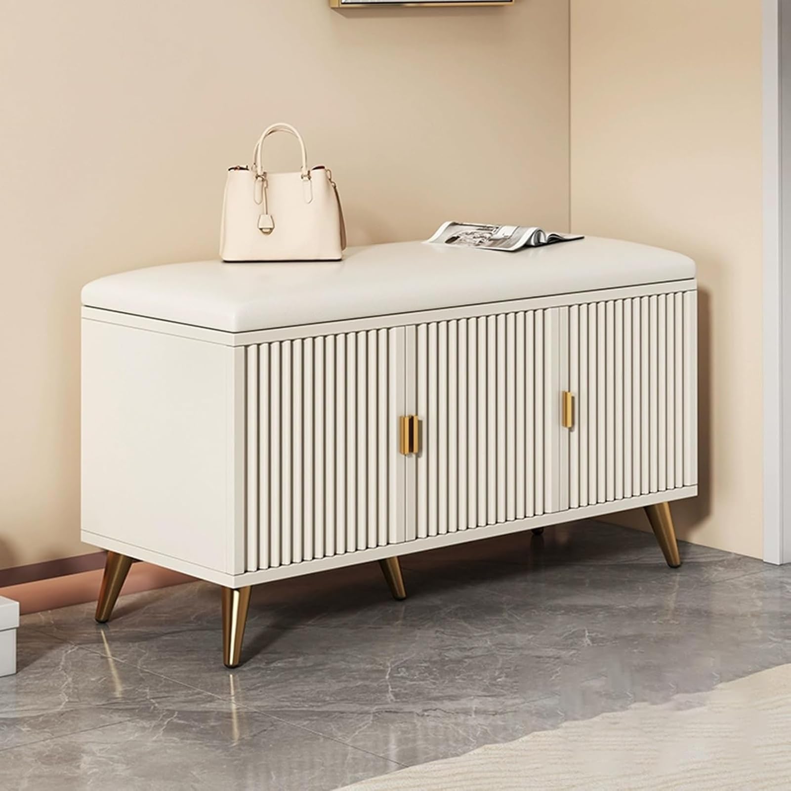 Banc de rangement chaussures avec assise confortable et placard blanc 60cm
