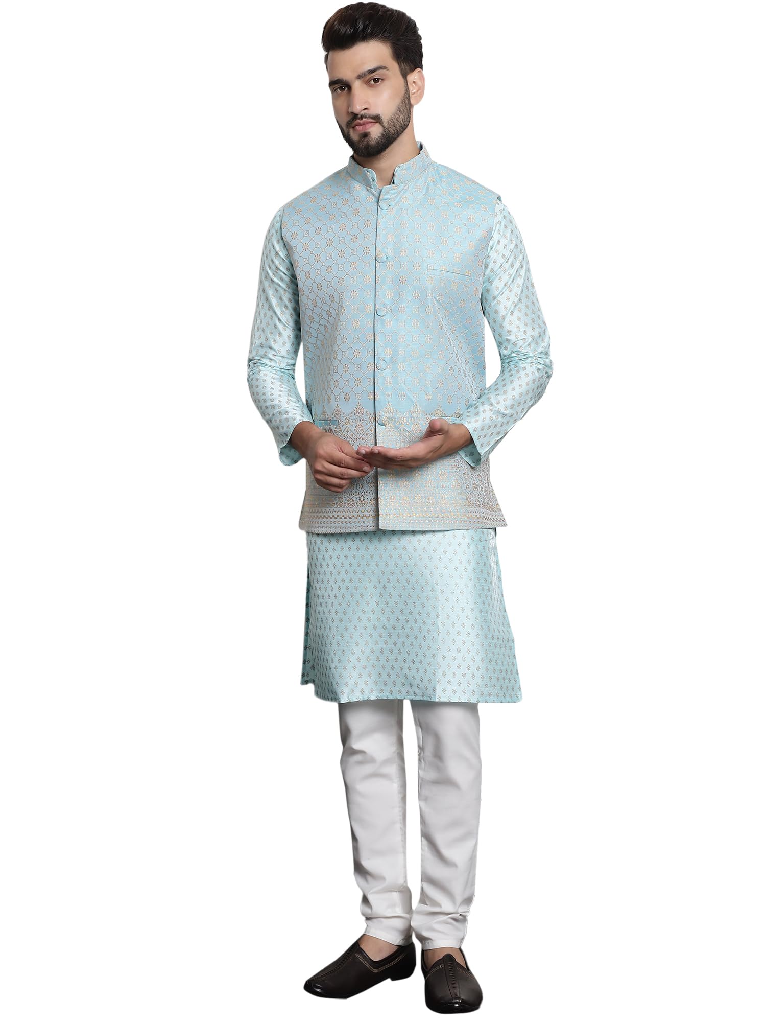 Sojanya (Since 1958 Men's Silk Blend Sky Blue Kurta And Off-White Pyjama With Blue Nehru Jacket