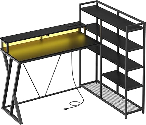 Miniatura 8 de Escritorio para juegos en forma de L con estantes de almacenamiento de 5 niveles, escritorio reversible en forma de L de 53 pulgadas con toma de