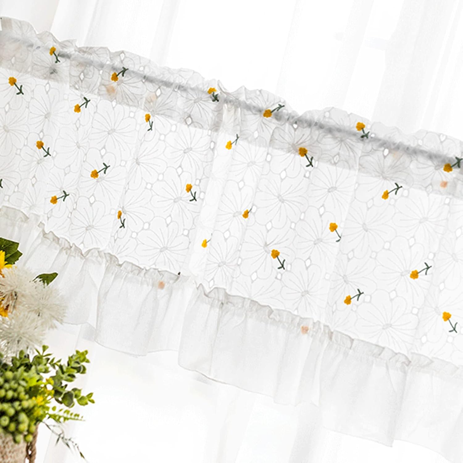 Kitchen Curtain,Semi-Sheer Lace Embroidery Tier Curtains Valance for Kitchen Living Room Country Home,Short Curtains for Small Windows,Voile Decoration Half Cafe Curtain