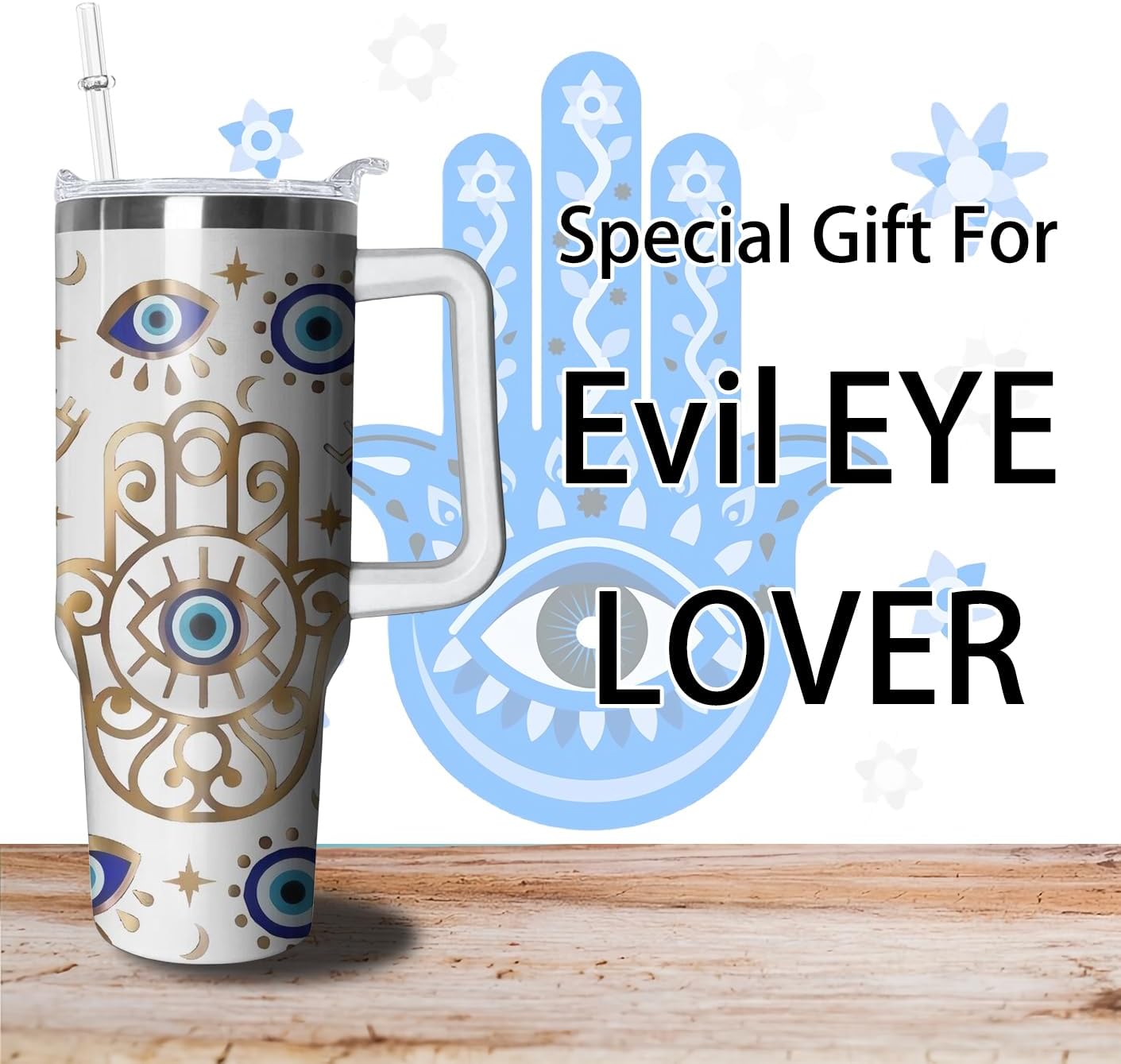 40oz Evil Eye Tumbler with Handle and Flip Straw, Evil Eyes Hand Stainless Steel Insulated Cup, Travel Coffee Mug Water Bottle, Birthday Gifts for Women Men - Image 5